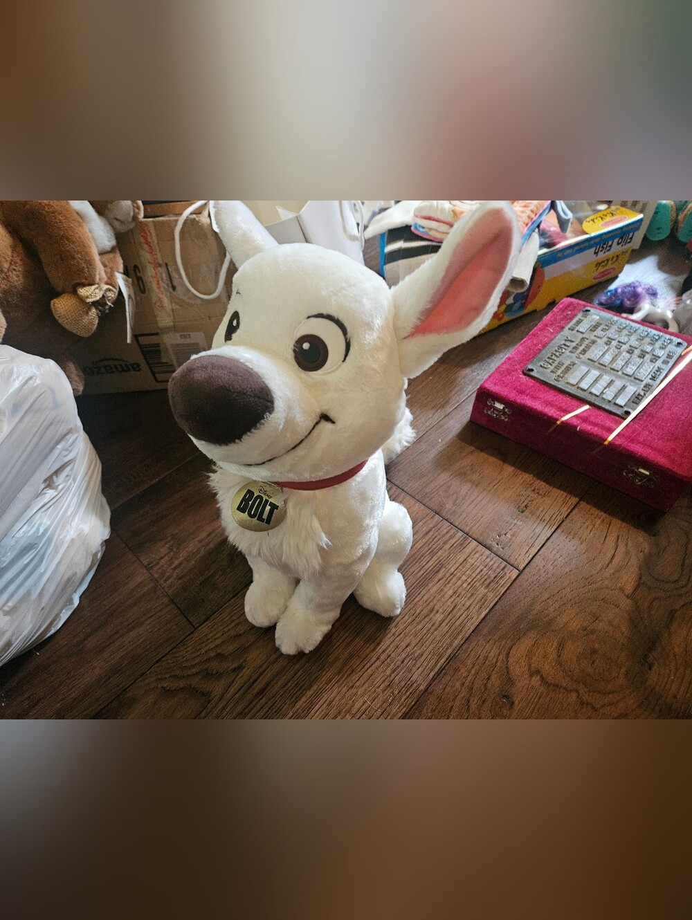 Disney Store Bolt plush white dog sitting embroidered eyes 14” stuffed animal. 